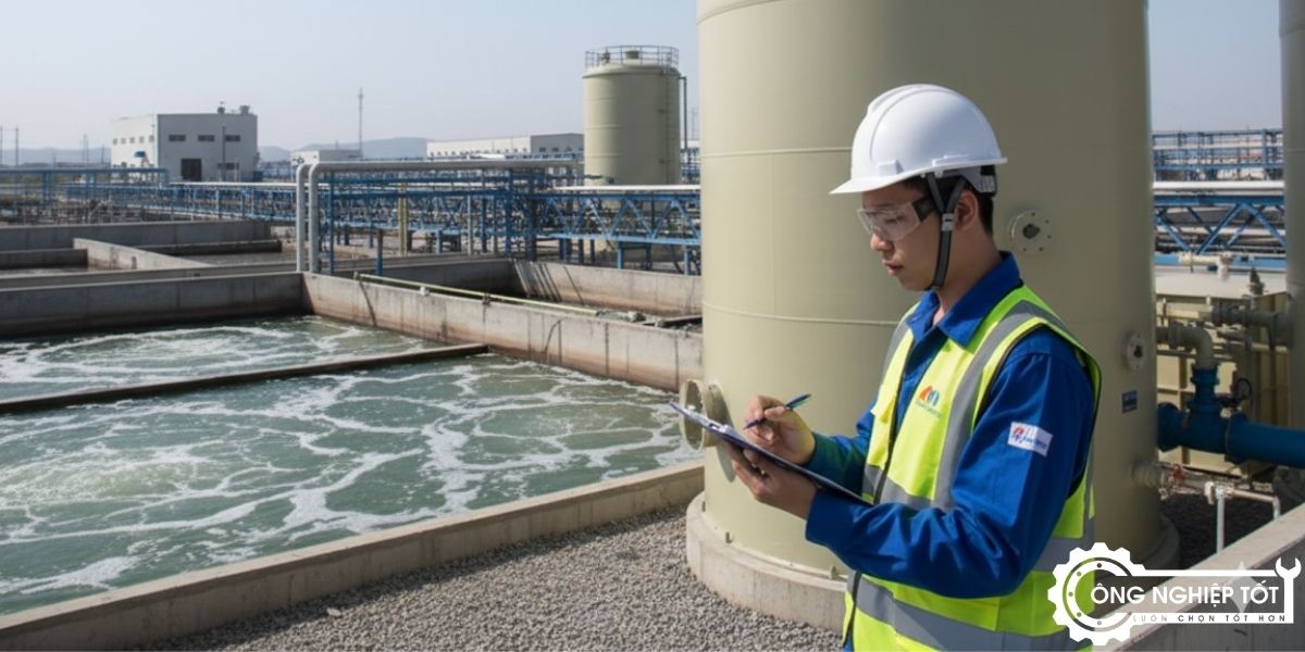 Kỹ sư kiểm tra bồn FRP tại công trình